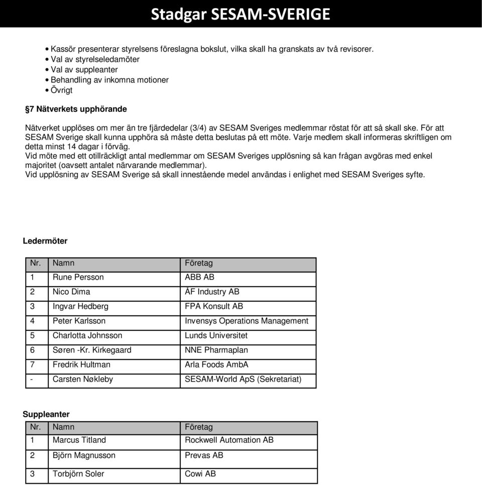 så skall ske. För att SESAM Sverige skall kunna upphöra så måste detta beslutas på ett möte. Varje medlem skall informeras skriftligen om detta minst 14 dagar i förväg.