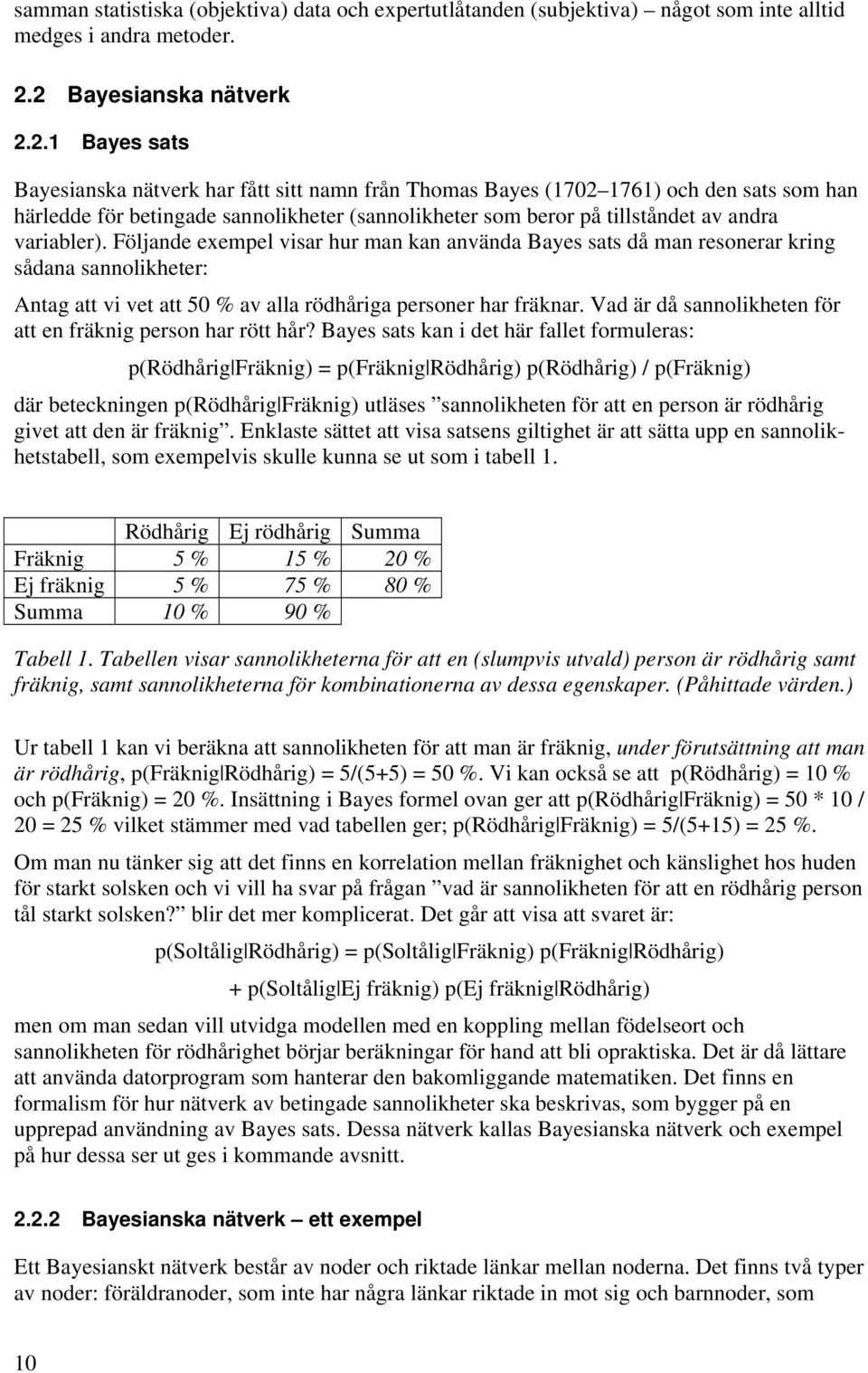 tillståndet av andra variabler). Följande exempel visar hur man kan använda Bayes sats då man resonerar kring sådana sannolikheter: Antag att vi vet att 50 % av alla rödhåriga personer har fräknar.