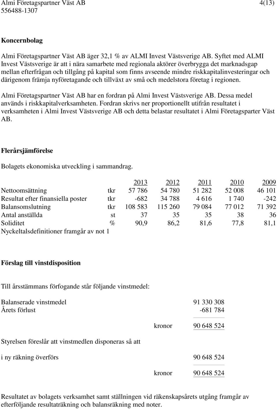 riskkapitalinvesteringar och därigenom främja nyföretagande och tillväxt av små och medelstora företag i regionen. Almi Företagspartner Väst AB har en fordran på Almi Invest Västsverige AB.