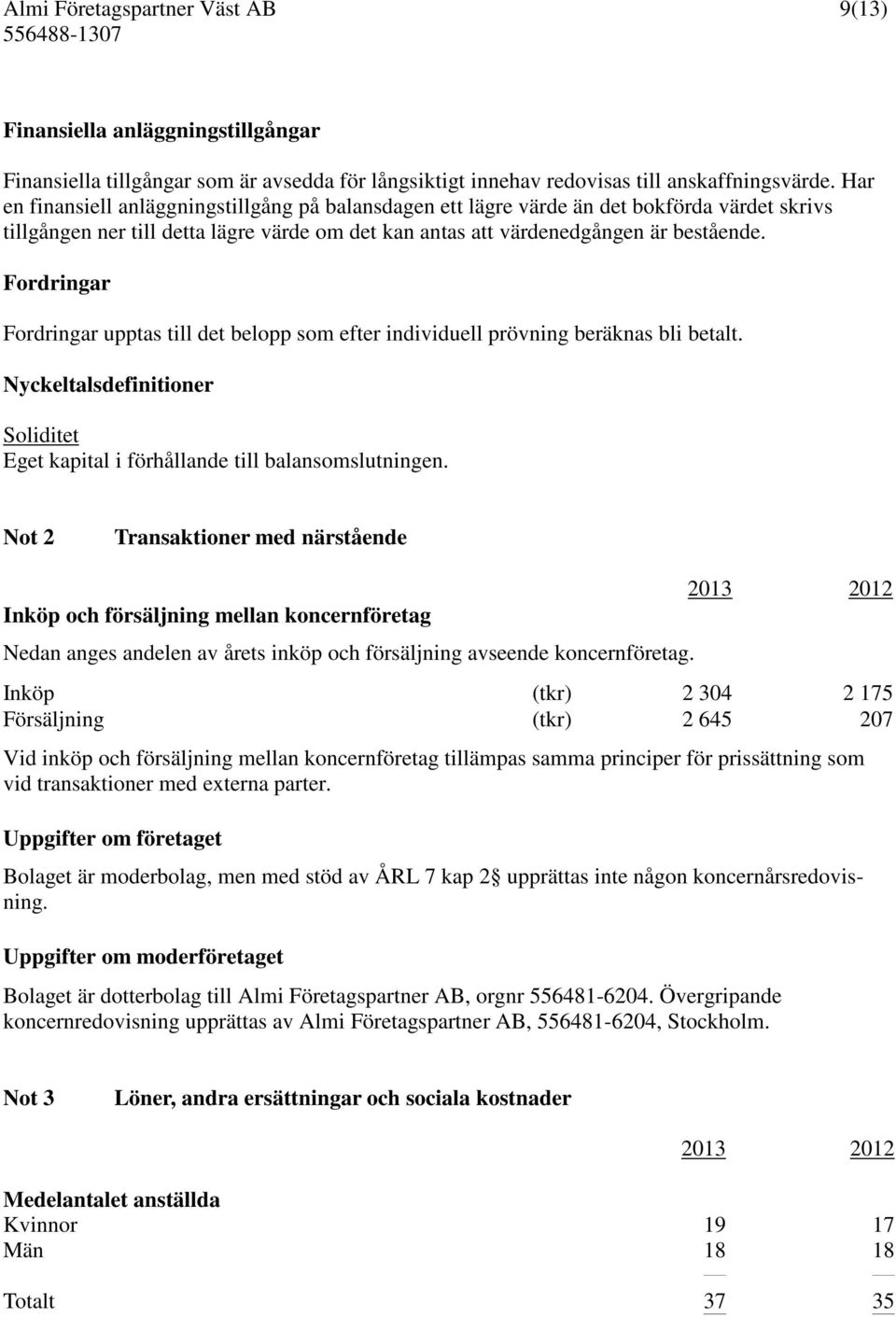 Fordringar Fordringar upptas till det belopp som efter individuell prövning beräknas bli betalt. Nyckeltalsdefinitioner Soliditet Eget kapital i förhållande till balansomslutningen.