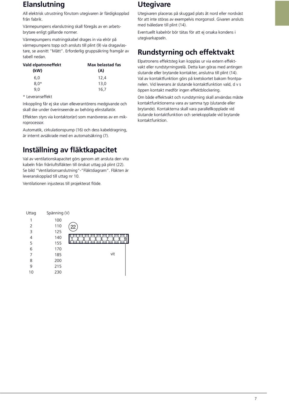 Vald elpatroneffekt Max belastad fas (kw) (A),0,,0*,0,0, * Leveranseffekt Inkoppling får ej ske utan elleverantörens medgivande och skall ske under överinseende av behörig elinstallatör.