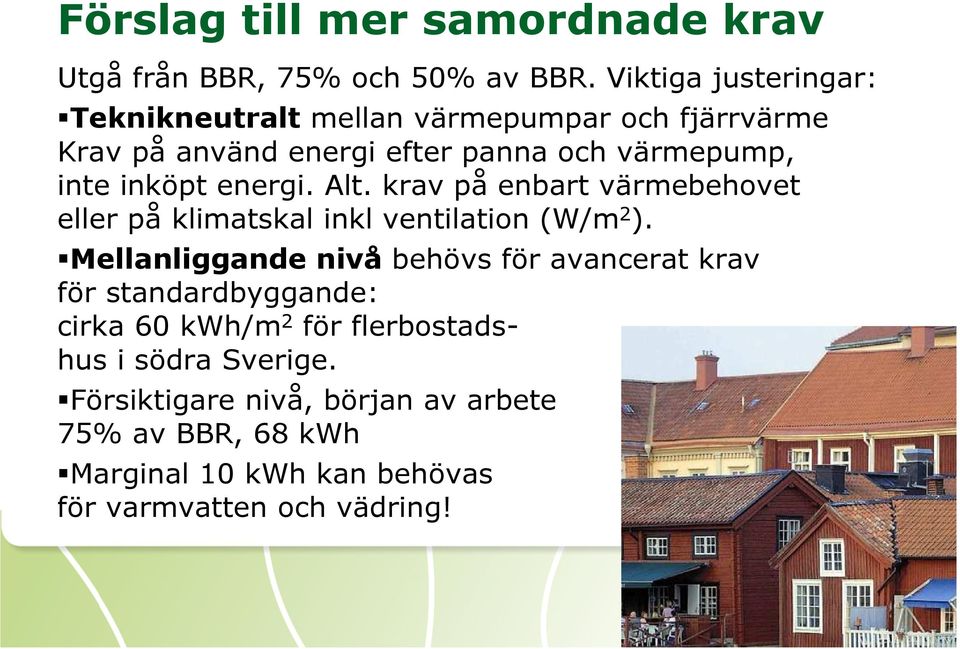 inköpt energi. Alt. krav på enbart värmebehovet eller på klimatskal inkl ventilation (W/m 2 ).