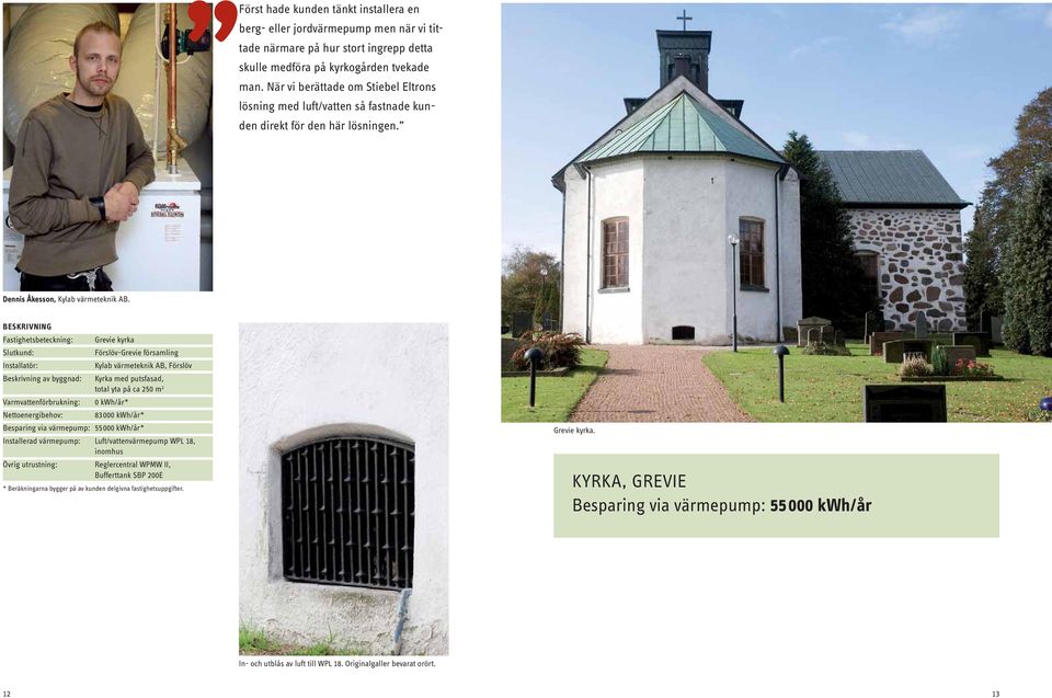 Fastighetsbeteckning: Grevie kyrka Förslöv-Grevie församling Kylab värmeteknik AB, Förslöv Beskrivning av byggnad: Kyrka med putsfasad, total yta på ca 250 m 2 Varmvattenförbrukning: 0 kwh/år*