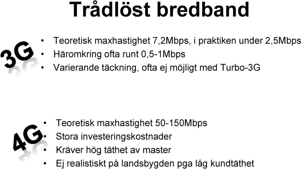 möjligt med Turbo-3G Teoretisk maxhastighet 50-150Mbps Stora