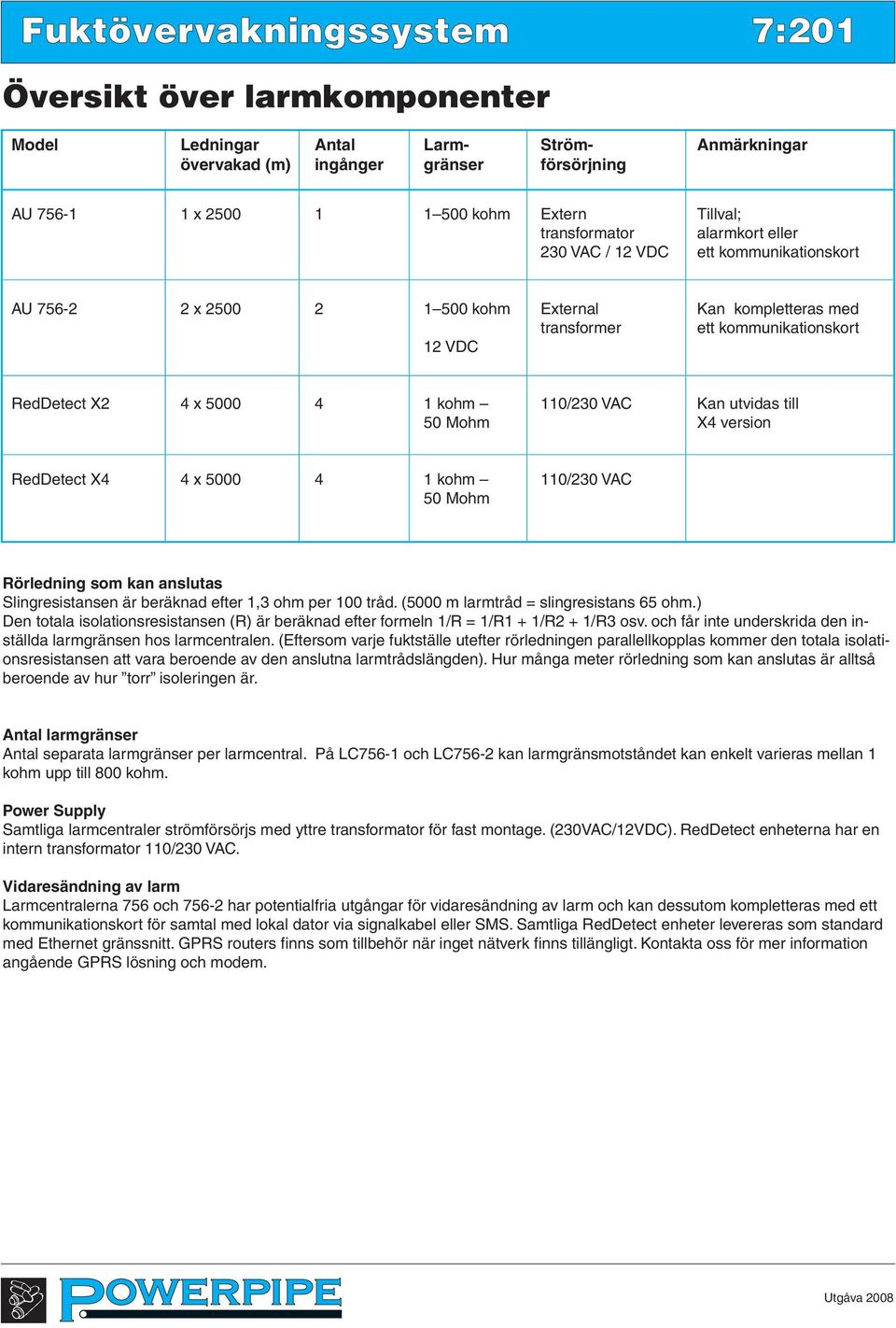 0/20 VAC Kan utvidas till 50 Mohm X4 version RedDetect X4 4 x 5000 4 kohm 0/20 VAC 50 Mohm Rörledning som kan anslutas Slingresistansen är beräknad efter, ohm per 00 tråd.