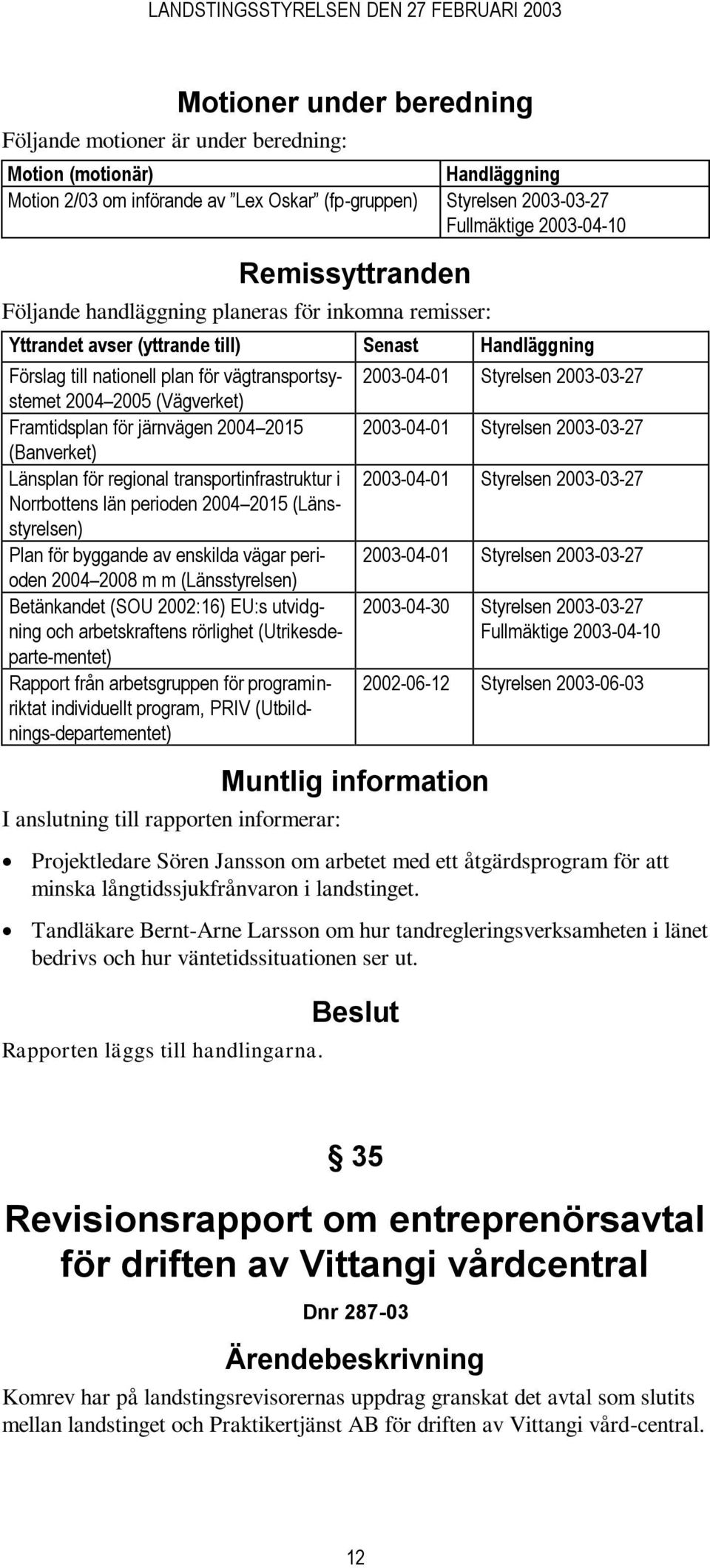 Framtidsplan för järnvägen 2004 2015 (Banverket) Länsplan för regional transportinfrastruktur i Norrbottens län perioden 2004 2015 (Länsstyrelsen) Plan för byggande av enskilda vägar perioden 2004