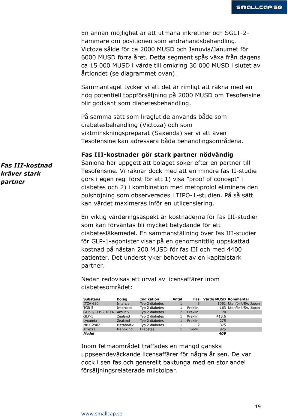 Sammantaget tycker vi att det är rimligt att räkna med en hög potentiell toppförsäljning på 2000 MUSD om Tesofensine blir godkänt som diabetesbehandling.