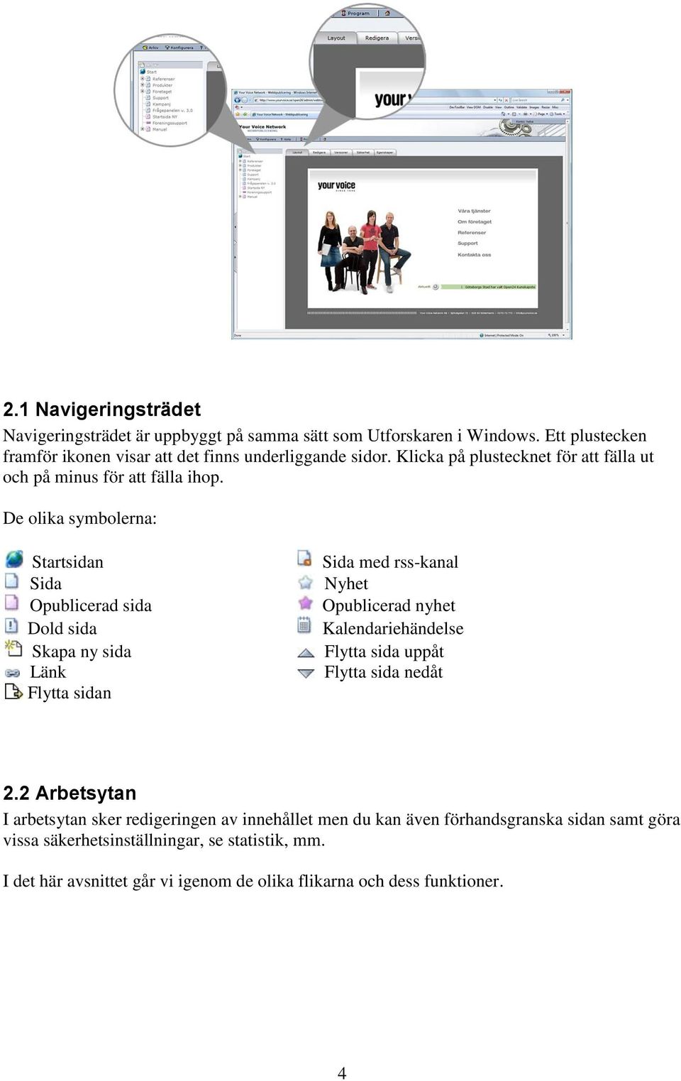 De olika symbolerna: Startsidan Sida Opublicerad sida Dold sida Skapa ny sida Länk Flytta sidan Sida med rss-kanal Nyhet Opublicerad nyhet Kalendariehändelse Flytta