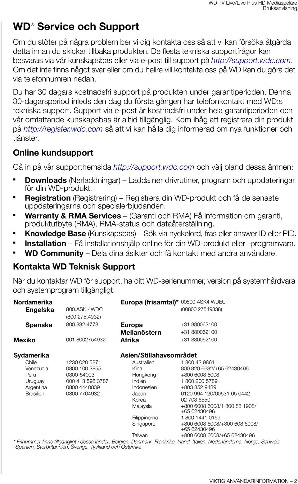 Om det inte finns något svar eller om du hellre vill kontakta oss på WD kan du göra det via telefonnumren nedan. Du har 30 dagars kostnadsfri support på produkten under garantiperioden.