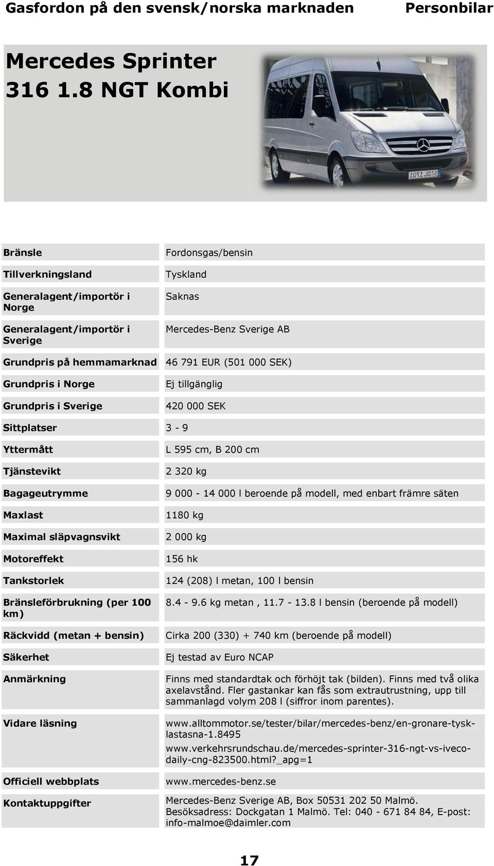 Sverige Ej tillgänglig 420 000 SEK Sittplatser 3-9 förbrukning (per 100 L 595 cm, B 200 cm 2 320 kg 9 000-14 000 l beroende på modell, med enbart främre säten 1180 kg 2 000 kg 156 hk 124 (208) l