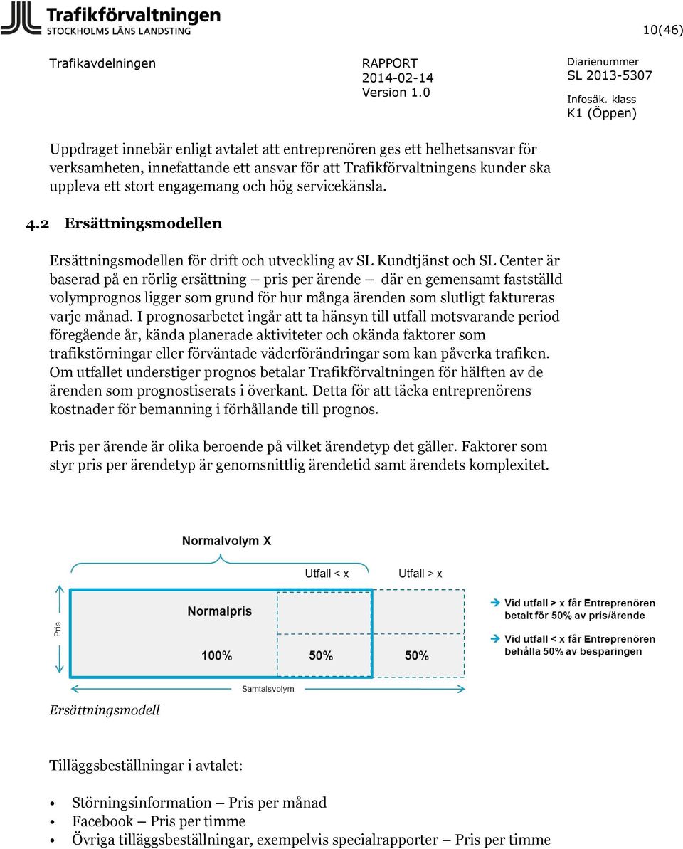 2 Ersättningsmodellen Ersättningsmodellen för drift och utveckling av SL Kundtjänst och SL Center är baserad på en rörlig ersättning pris per ärende där en gemensamt fastställd volymprognos ligger