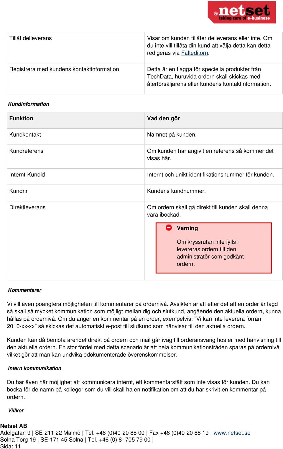 Kundinformation Kundkontakt Kundreferens Internt-Kundid Kundnr Direktleverans Namnet på kunden. Om kunden har angivit en referens så kommer det visas här.