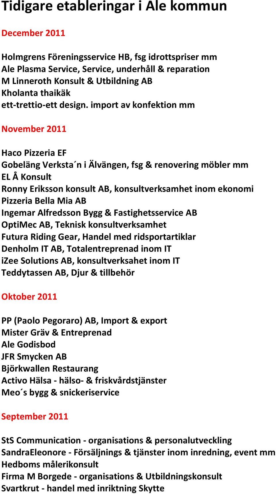 import av konfektion mm November 2011 Haco Pizzeria EF Gobeläng Verksta n i Älvängen, fsg & renovering möbler mm EL Å Konsult Ronny Eriksson konsult AB, konsultverksamhet inom ekonomi Pizzeria Bella