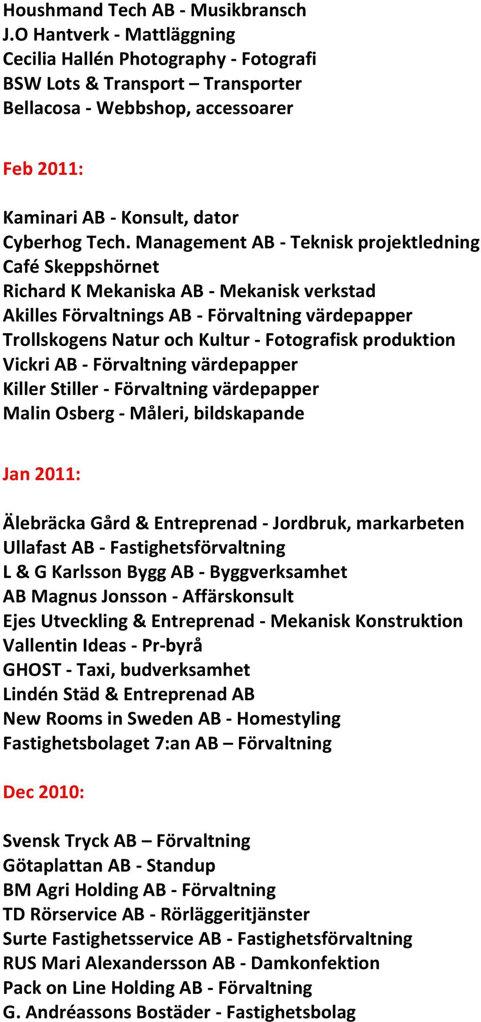 Management AB - Teknisk projektledning Café Skeppshörnet Richard K Mekaniska AB - Mekanisk verkstad Akilles Förvaltnings AB - Förvaltning värdepapper Trollskogens Natur och Kultur - Fotografisk