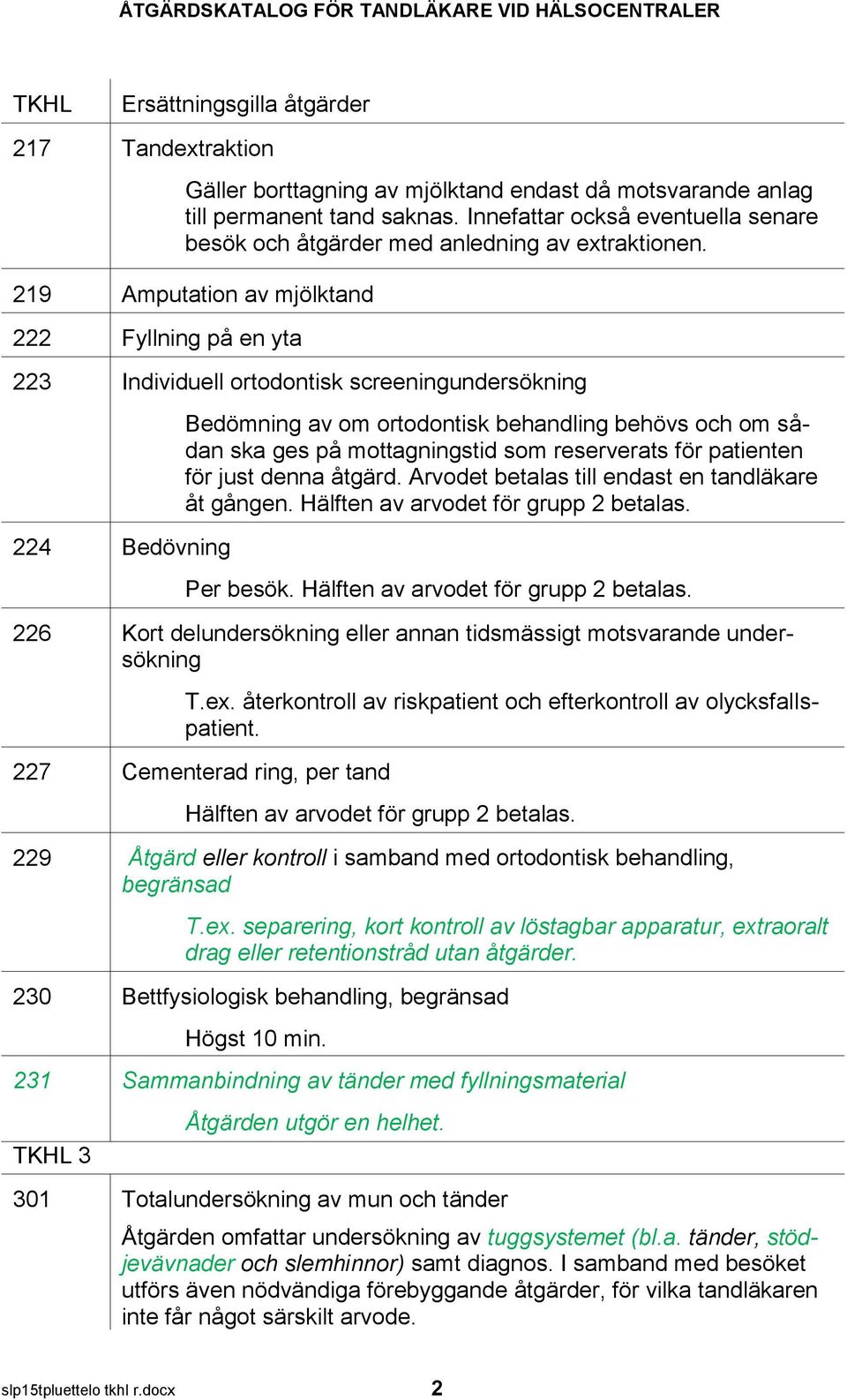 som reserverats för patienten för just denna åtgärd. Arvodet betalas till endast en tandläkare åt gången. Hälften av arvodet för grupp 2 betalas.