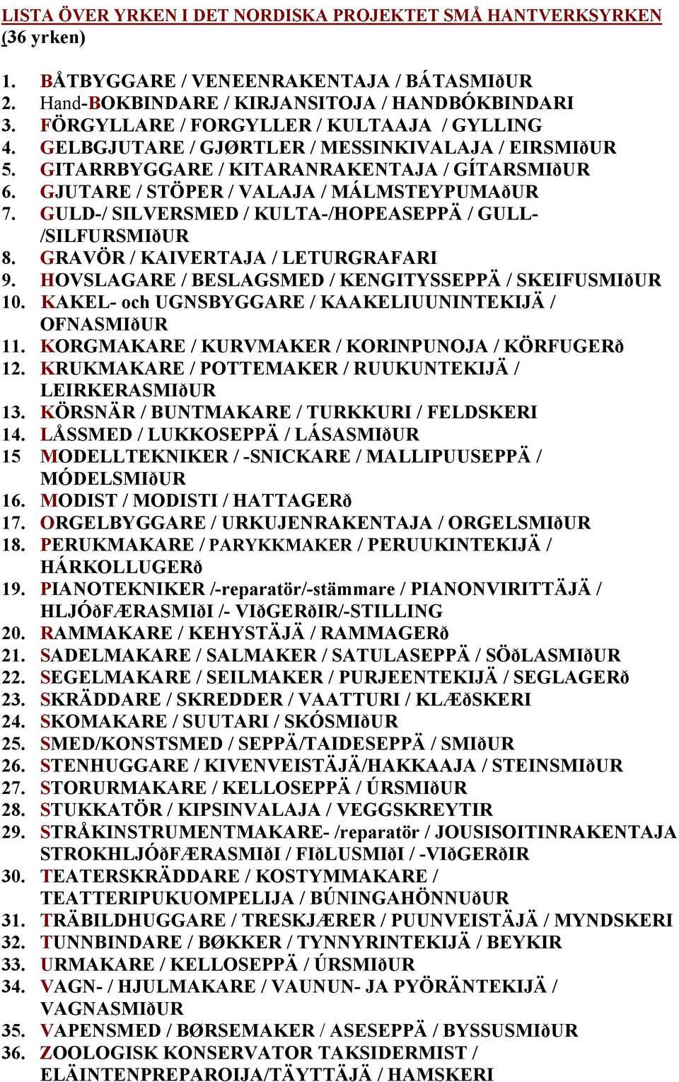 GULD-/ SILVERSMED / KULTA-/HOPEASEPPÄ / GULL- /SILFURSMIðUR 8. GRAVÖR / KAIVERTAJA / LETURGRAFARI 9. HOVSLAGARE / BESLAGSMED / KENGITYSSEPPÄ / SKEIFUSMIðUR 10.