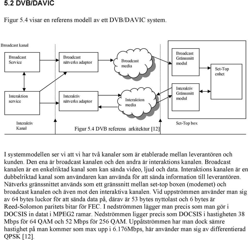 Gränssnitt modul Interaktiv Kanal Figur 5.4 DVB referens arkitektur [12] Set-Top box I systemmodellen ser vi att vi har två kanaler som är etablerade mellan leverantören och kunden.