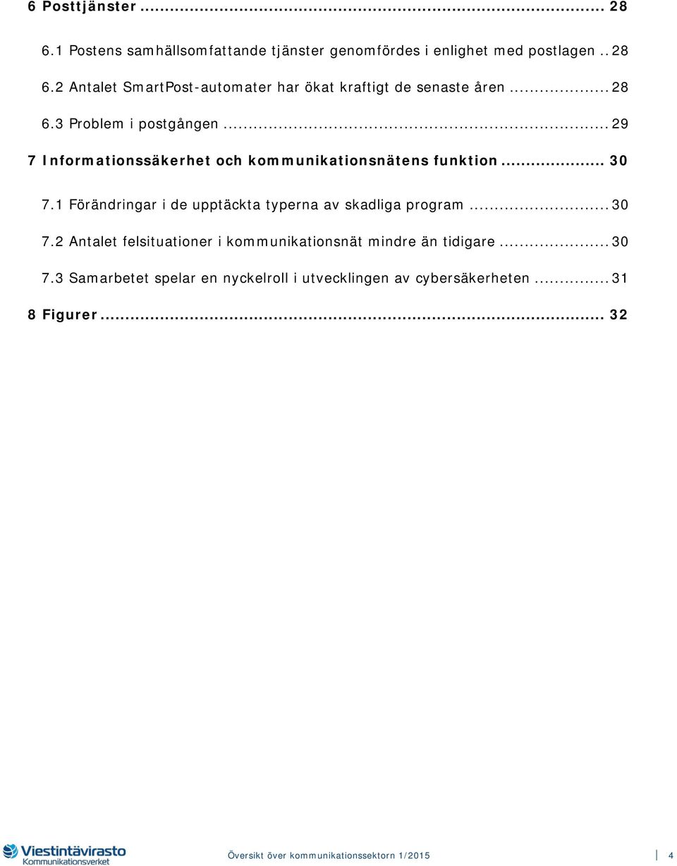 1 Förändringar i de upptäckta typerna av skadliga program... 30 7.2 Antalet felsituationer i kommunikationsnät mindre än tidigare... 30 7.3 Samarbetet spelar en nyckelroll i utvecklingen av cybersäkerheten.