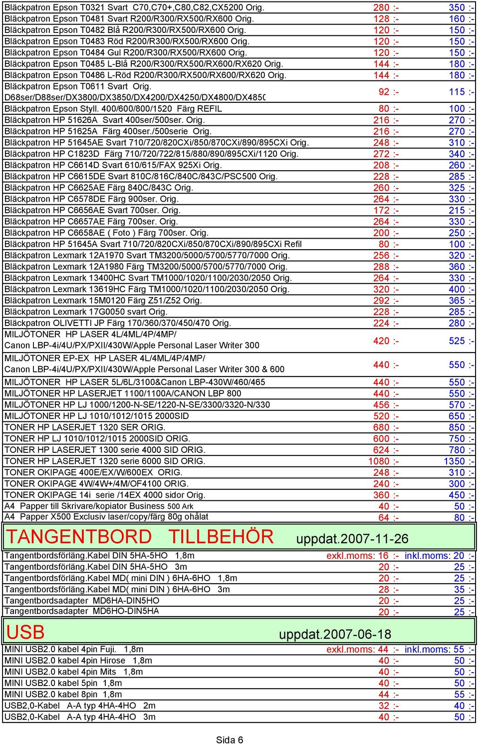 120 :- 150 :- Bläckpatron Epson T0484 Gul R200/R300/RX500/RX600 Orig. 120 :- 150 :- Bläckpatron Epson T0485 L-Blå R200/R300/RX500/RX600/RX620 Orig.