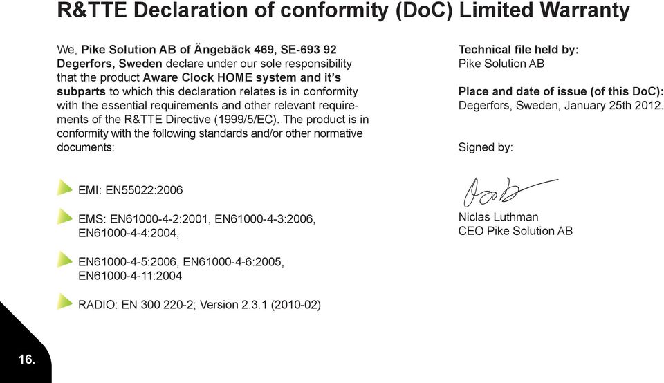 The product is in conformity with the following standards and/or other normative documents: Technical file held by: Pike Solution AB Place and date of issue (of this DoC): Degerfors, Sweden, January