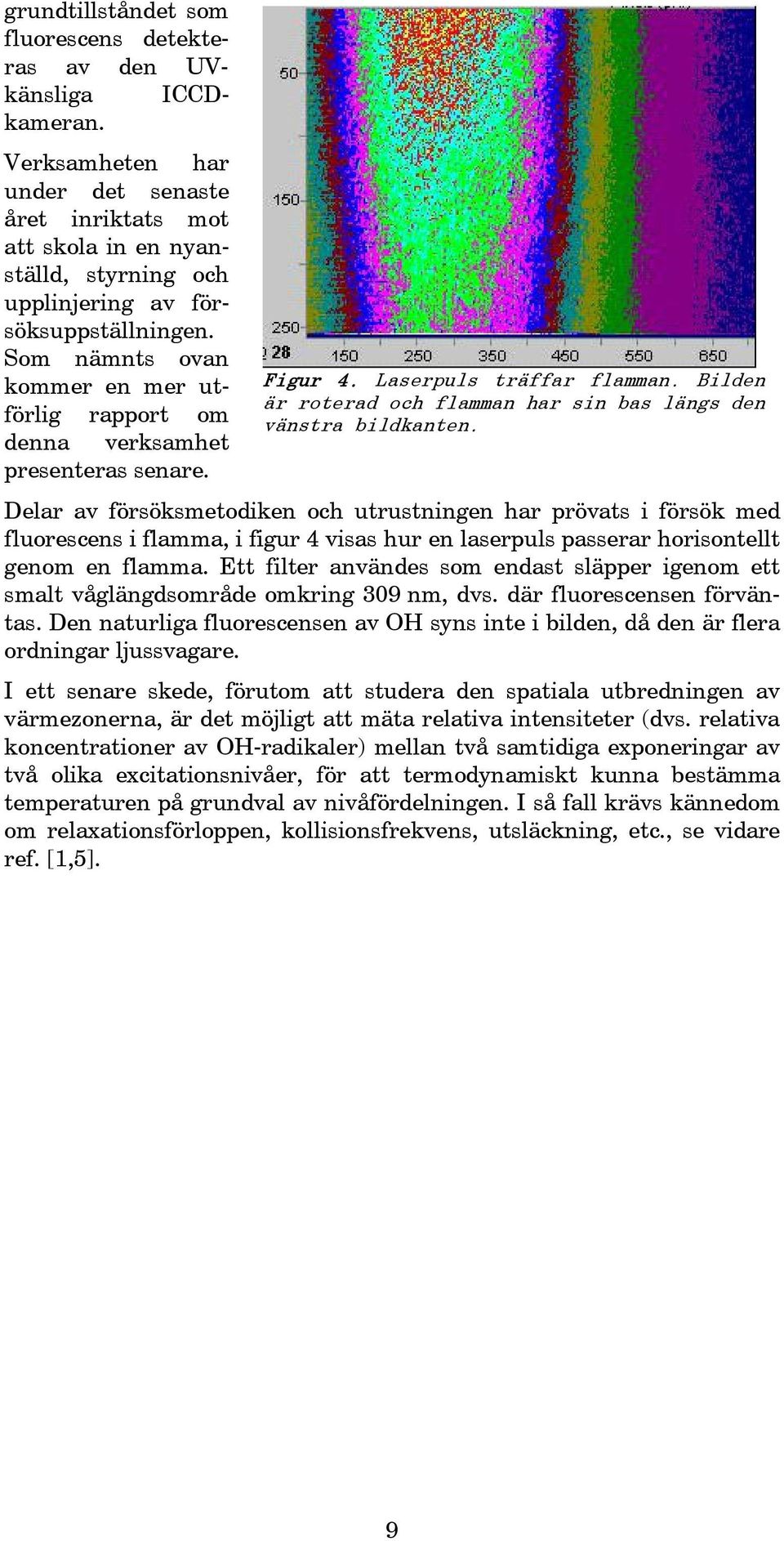 Som nämnts ovan kommer en mer utförlig rapport om denna verksamhet presenteras senare. Figur 4. Laserpuls träffar flamman. Bilden är roterad och flamman har sin bas längs den vänstra bildkanten.