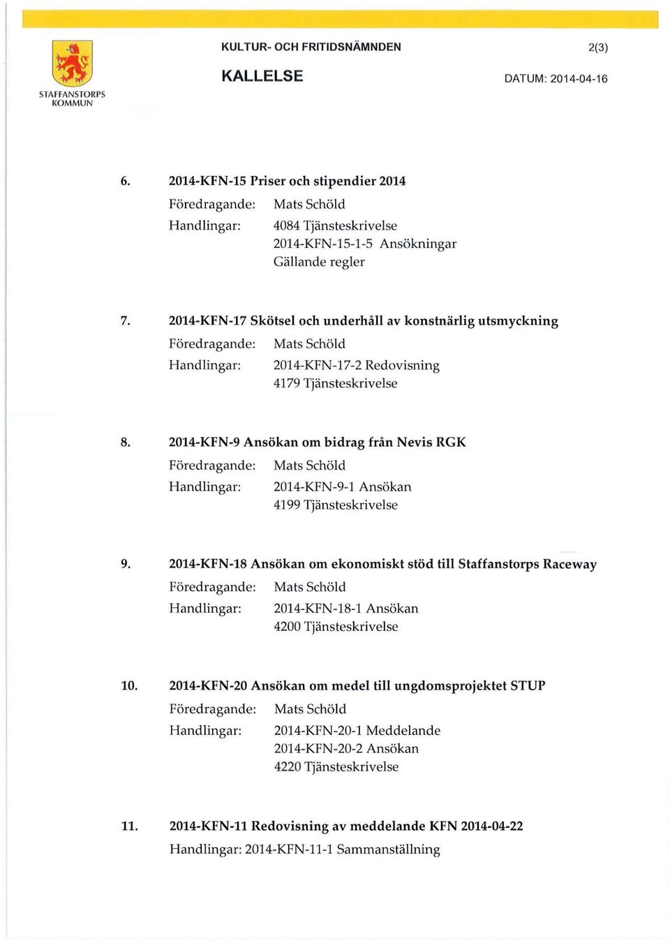 2014-KFN-17 Skötsel och underhåll av konstnärlig utsmyckning Föredragande: Handlingar: Mats Schöld 2014-KFN-17-2 Redovisning 4179 Tjänsteskrivelse 8.