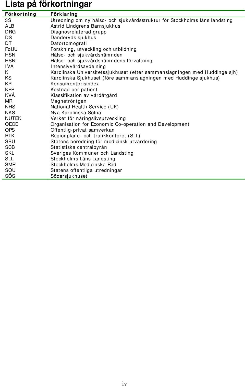 Universitetssjukhuset (efter sammanslagningen med Huddinge sjh) KS Karolinska Sjukhuset (före sammanslagningen med Huddinge sjukhus) KPI Konsumentprisindex KPP Kostnad per patient KVÅ Klassifikation