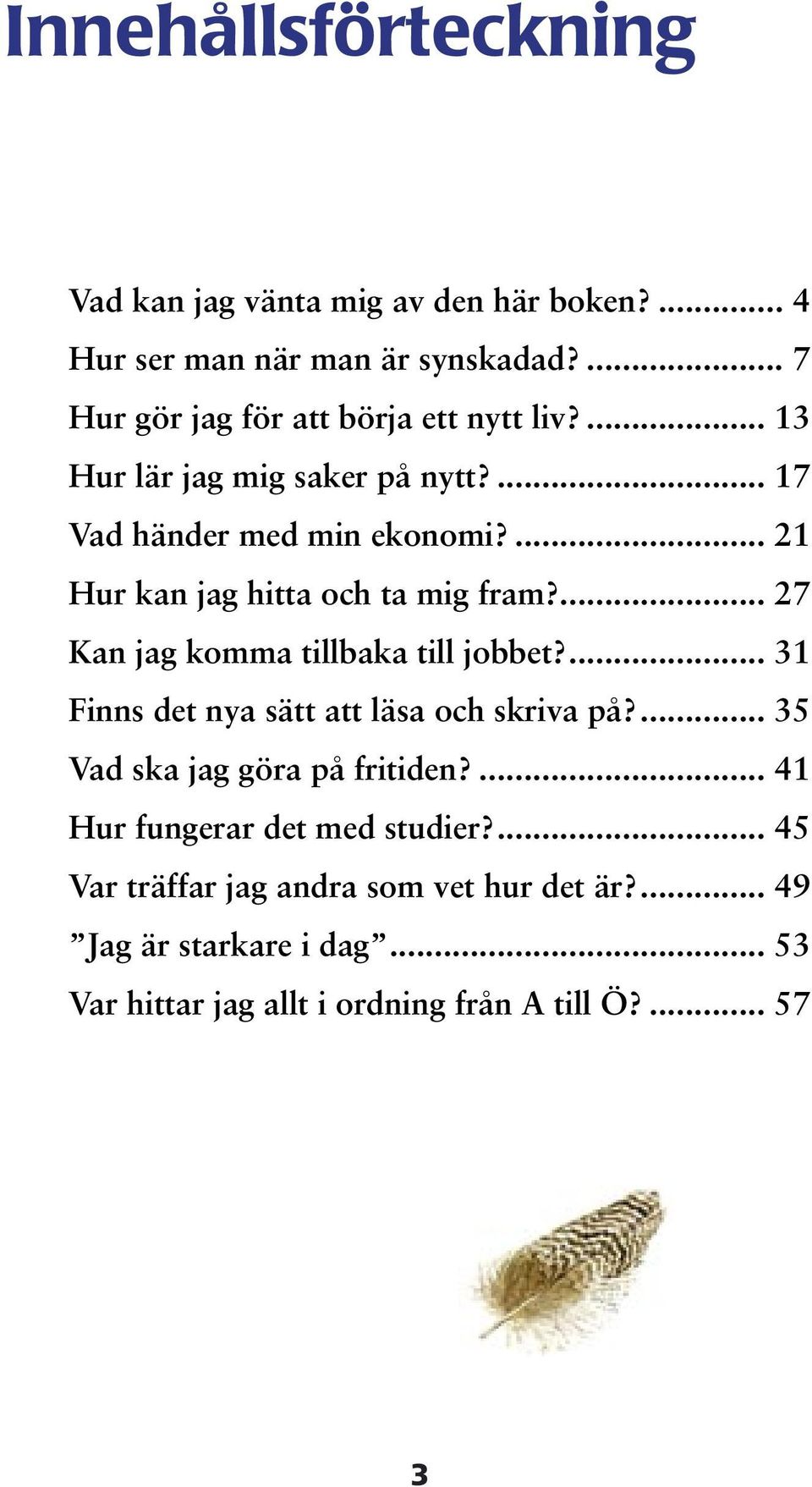 ... 21 Hur kan jag hitta och ta mig fram?... 27 Kan jag komma tillbaka till jobbet?... 31 Finns det nya sätt att läsa och skriva på?