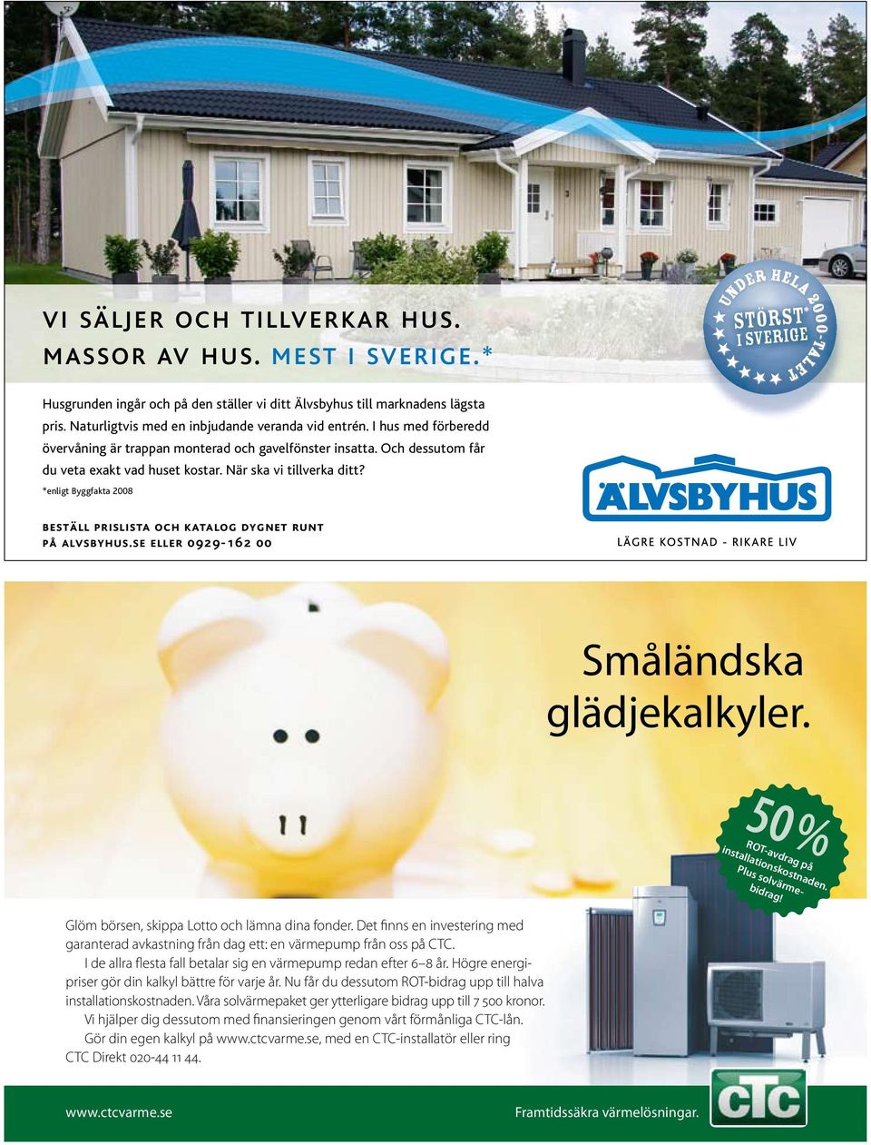 *enligt Byggfakta 2008 beställ prislista och katalog dygnet runt på alvsbyhus.se eller 0929-162 00 Småländska glädjekalkyler. 50% ROT-avdrag på installa tions kostnaden. Plus solvärme - bidrag!