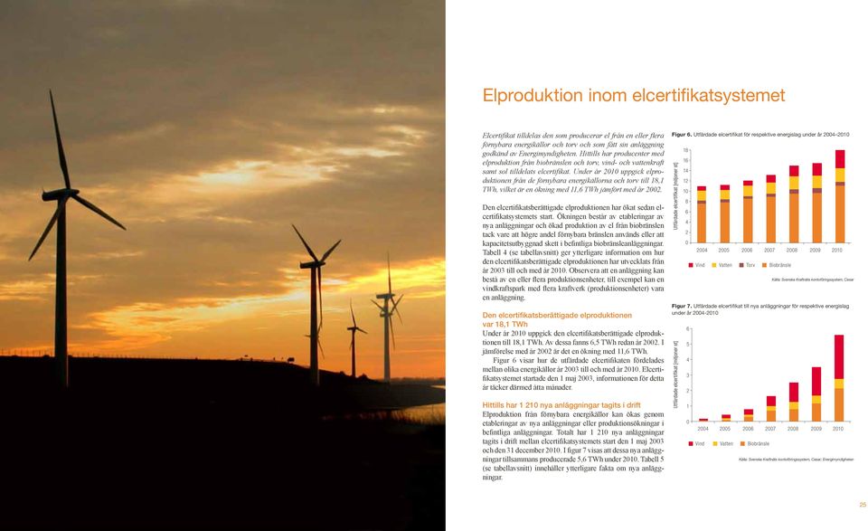 Under år 2010 uppgick elproduktionen från de förnybara energikällorna och torv till 18,1 TWh, vilket är en ökning med 11,6 TWh jämfört med år 2002.