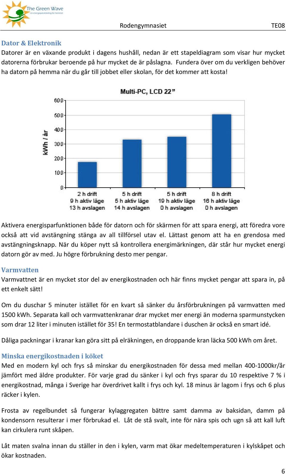 Aktivera energisparfunktionen både för datorn och för skärmen för att spara energi, att föredra vore också att vid avstängning stänga av all tillförsel utav el.