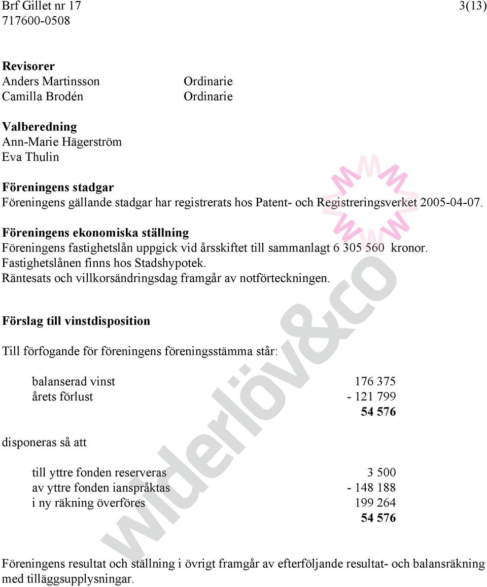 Fastighetslånen finns hos Stadshypotek. Räntesats och villkorsändringsdag framgår av notförteckningen.