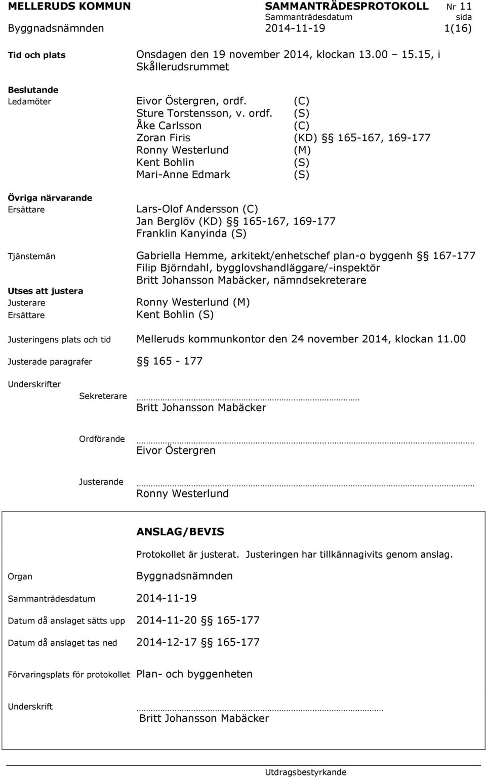 (S) Åke Carlsson (C) Zoran Firis (KD) 165-167, 169-177 Ronny Westerlund (M) Kent Bohlin (S) Mari-Anne Edmark (S) Övriga närvarande Ersättare Lars-Olof Andersson (C) Jan Berglöv (KD) 165-167, 169-177