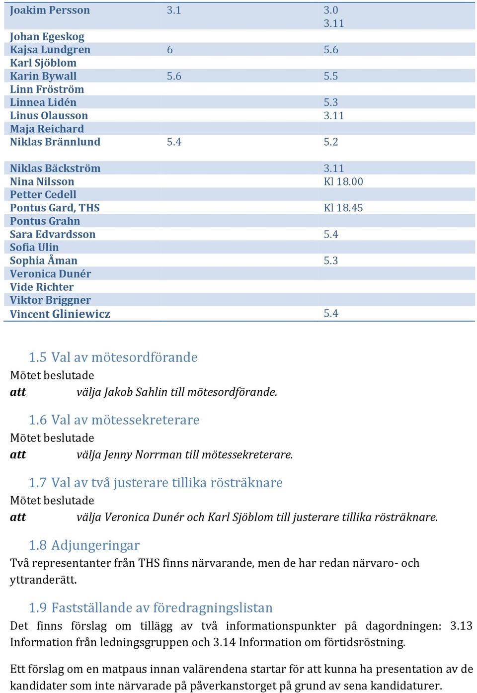 3 Veronica Dunér Vide Richter Viktor Briggner Vincent Gliniewicz 5.4 1.5 Val av mötesordförande att välja Jakob Sahlin till mötesordförande. 1.6 Val av mötessekreterare att välja Jenny Norrman till mötessekreterare.