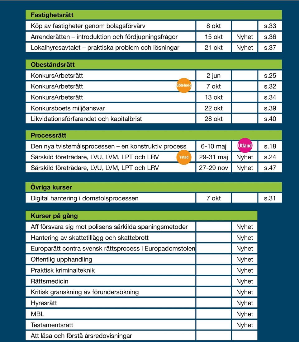 39 Likvidationsförfarandet och kapitalbrist 28 okt s.40 Processrätt Den nya tvistemålsprocessen en konstruktiv process 6-10 maj Utland s.