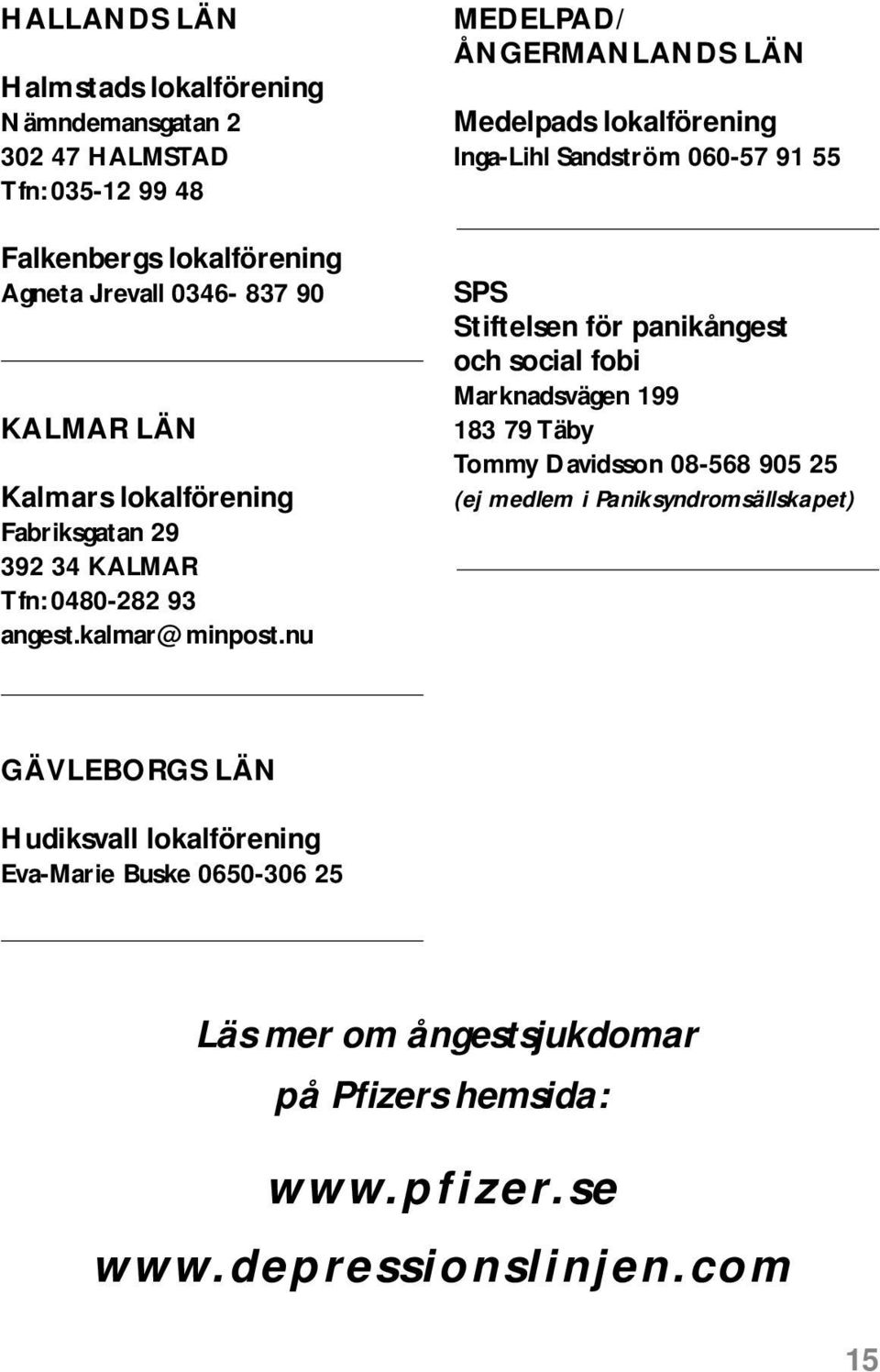 nu MEDELPAD/ ÅNGERMANLANDS LÄN Medelpads lokalförening Inga-Lihl Sandström 060-57 91 55 SPS Stiftelsen för panikångest och social fobi Marknadsvägen 199 183