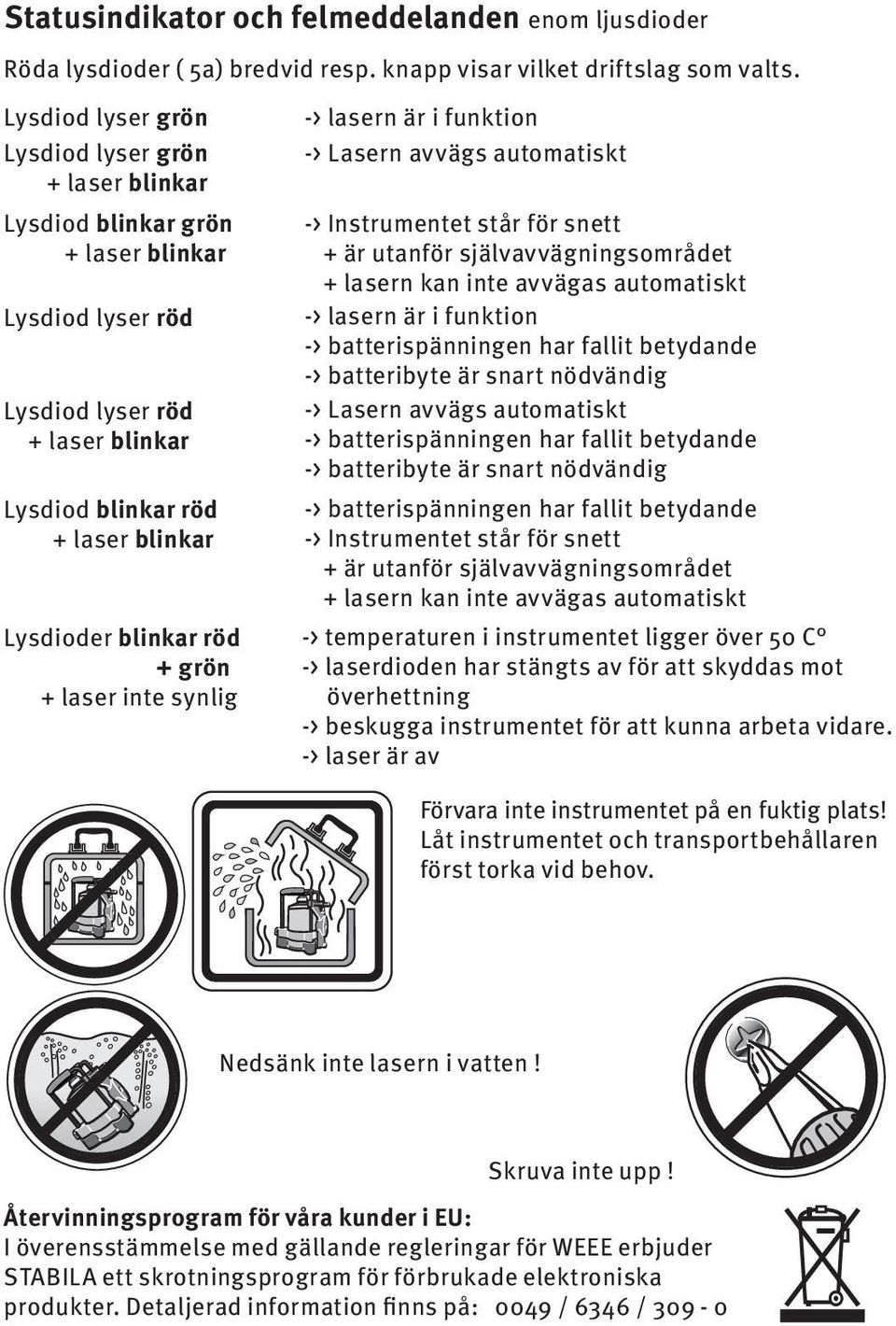 röd + grön + laser inte synlig -> lasern är i funktion -> Lasern avvägs automatiskt -> Instrumentet står för snett + är utanför självavvägningsområdet + lasern kan inte avvägas automatiskt -> lasern