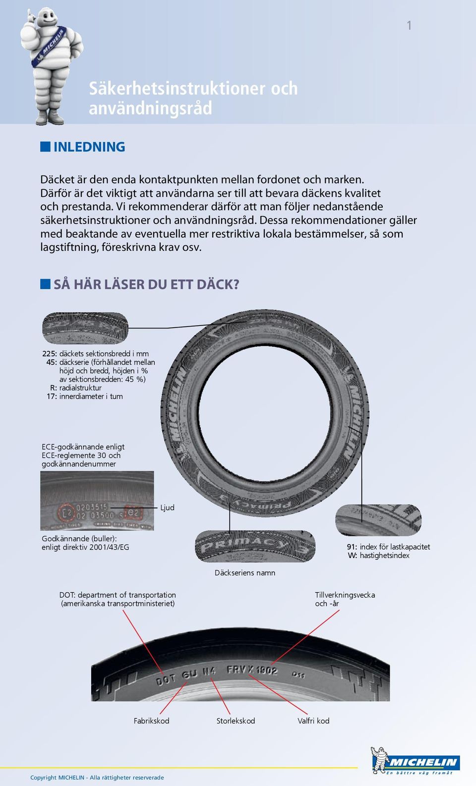 Dessa rekommendationer gäller med beaktande av eventuella mer restriktiva lokala bestämmelser, så som lagstiftning, föreskrivna krav osv. SÅ HÄR LÄSER DU ETT DÄCK?