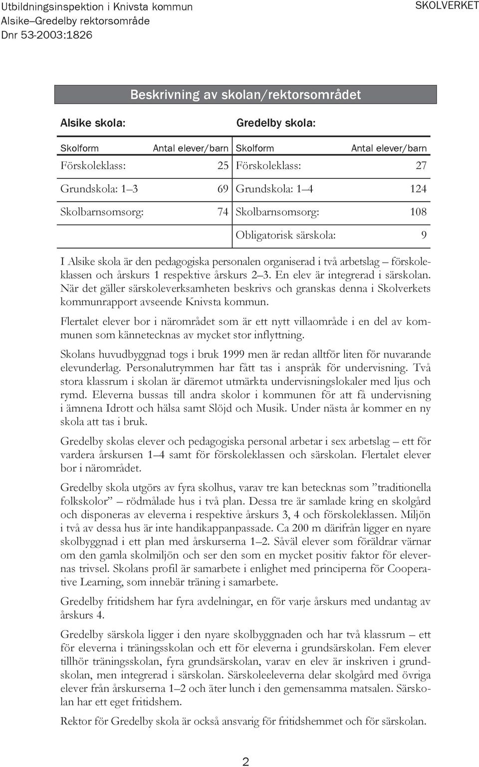 organiserad i två arbetslag förskoleklassen och årskurs 1 respektive årskurs 2 3. En elev är integrerad i särskolan.