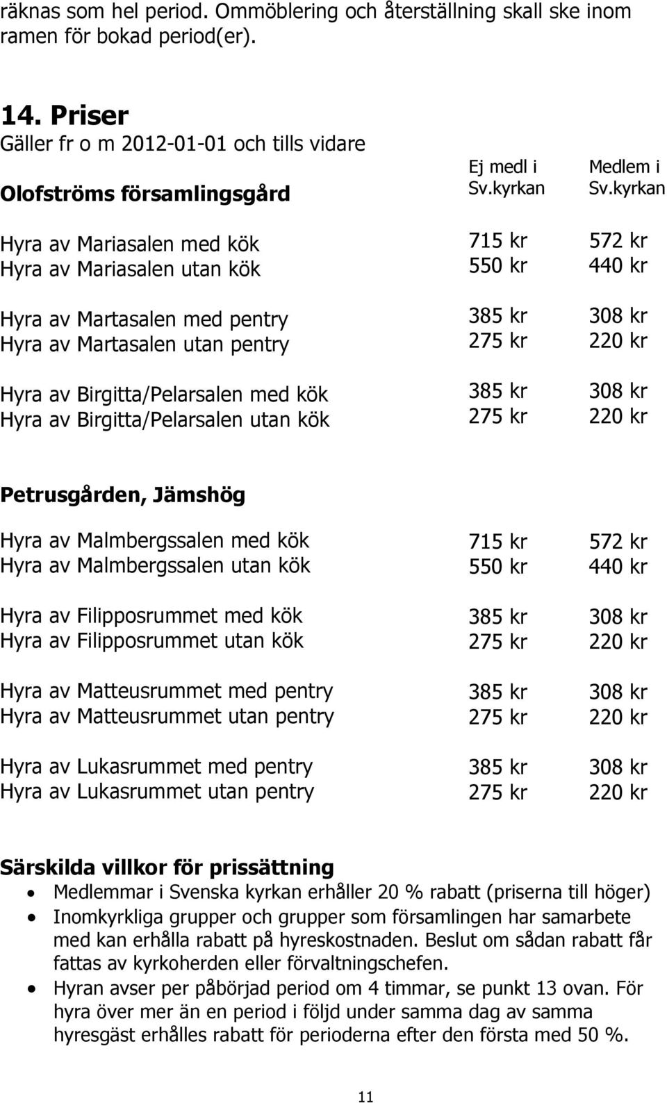 Birgitta/Pelarsalen med kök Hyra av Birgitta/Pelarsalen utan kök Ej medl i Sv.kyrkan 715 kr 550 kr 385 kr 275 kr 385 kr 275 kr Medlem i Sv.