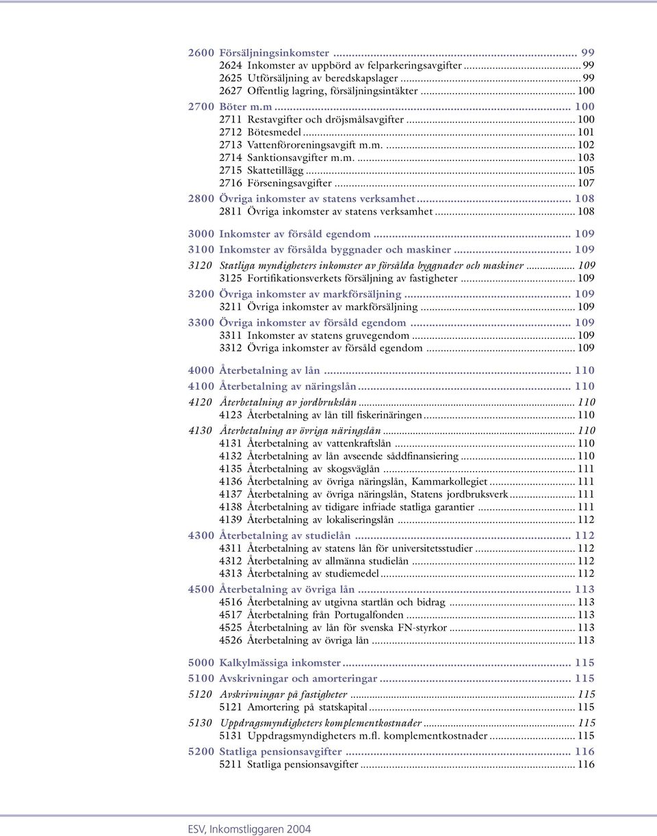 .. 105 2716 Förseningsavgifter... 107 2800 Övriga inkomster av statens verksamhet... 108 2811 Övriga inkomster av statens verksamhet... 108 3000 Inkomster av försåld egendom.