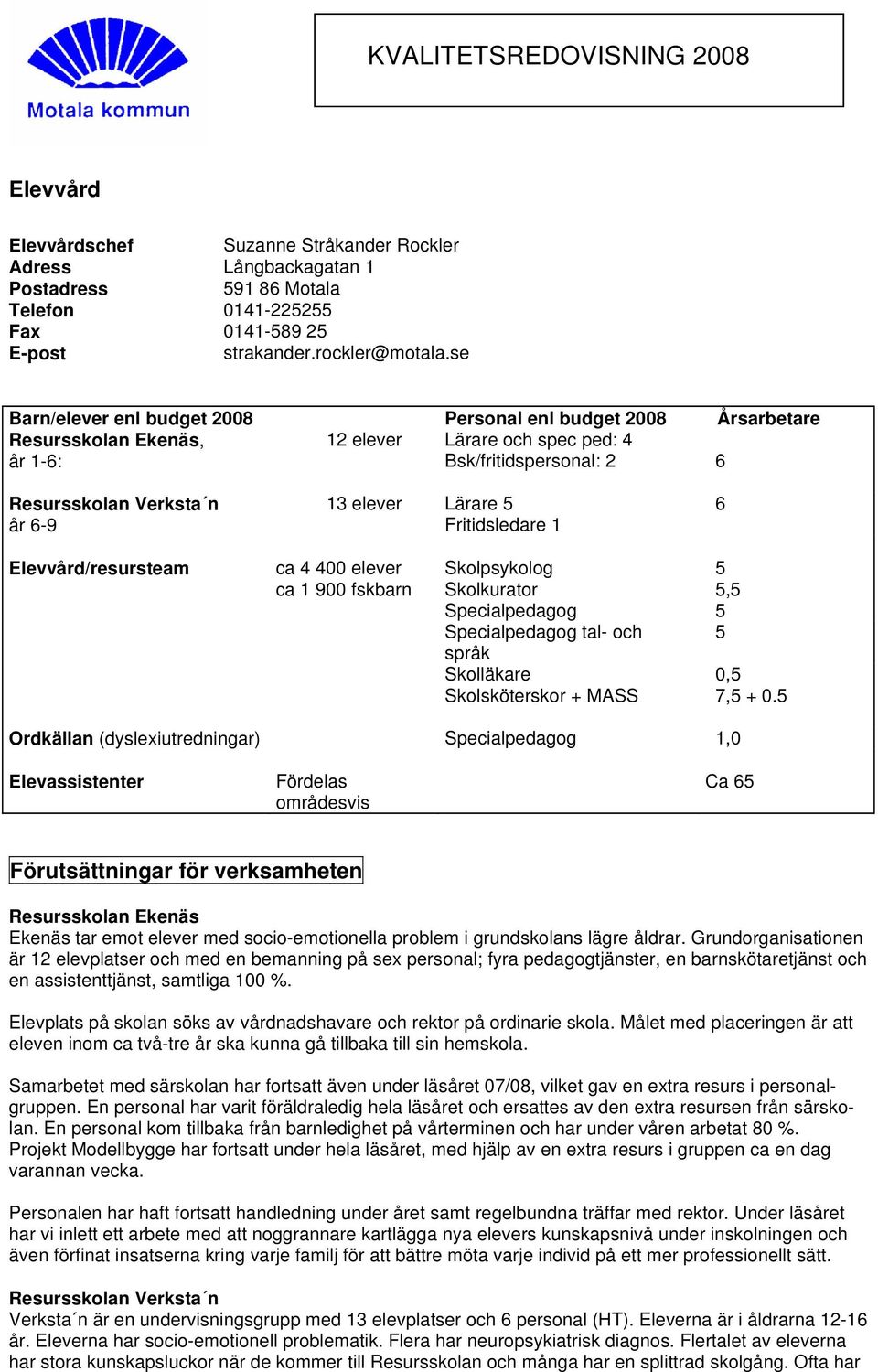 Lärare 5 Fritidsledare 1 6 Elevvård/resursteam ca 4 400 elever Skolpsykolog 5 ca 1 900 fskbarn Skolkurator 5,5 Specialpedagog 5 Specialpedagog tal- och 5 språk Skolläkare 0,5 Skolsköterskor + MASS