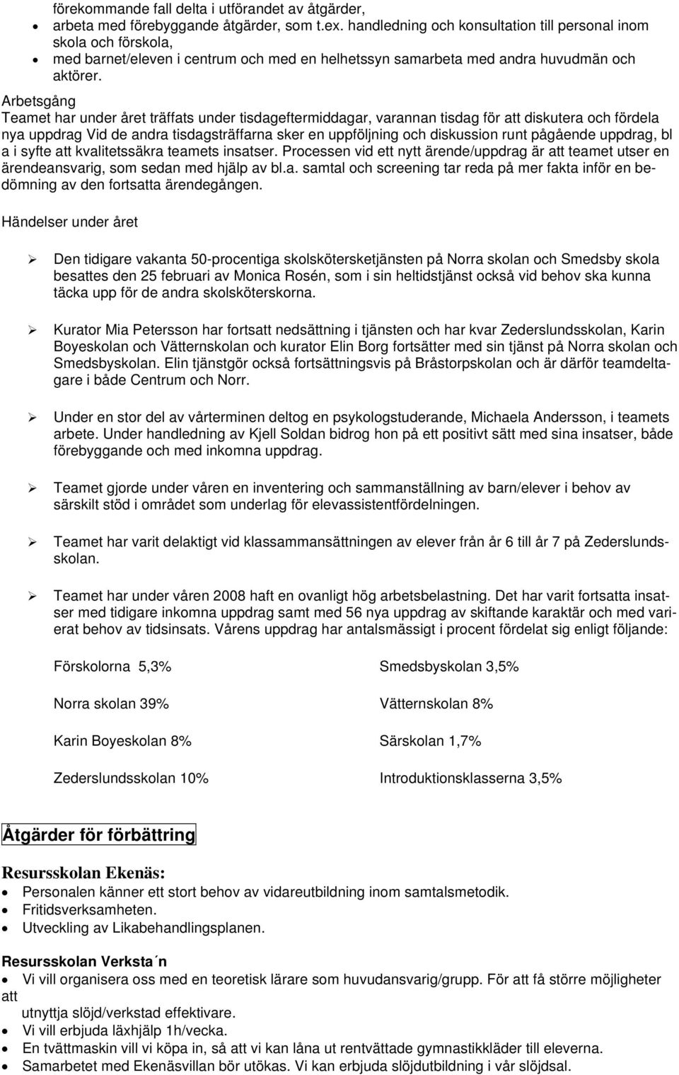 Arbetsgång Teamet har under året träffats under tisdageftermiddagar, varannan tisdag för att diskutera och fördela nya uppdrag Vid de andra tisdagsträffarna sker en uppföljning och diskussion runt