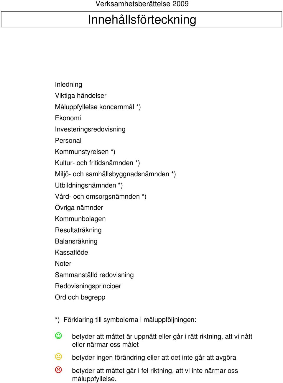 Sammanställd redovisning Redovisningsprinciper Ord och begrepp *) Förklaring till symbolerna i måluppföljningen: betyder att måttet är uppnått eller går i rätt
