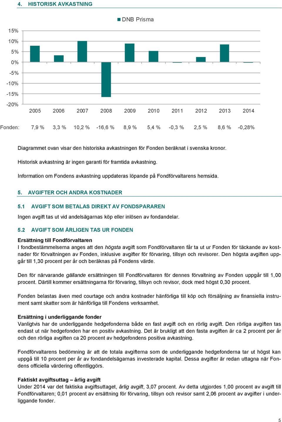 Information om Fondens avkastning uppdateras löpande på Fondförvaltarens hemsida. 5. AVGIFTER OCH ANDRA KOSTNADER 5.