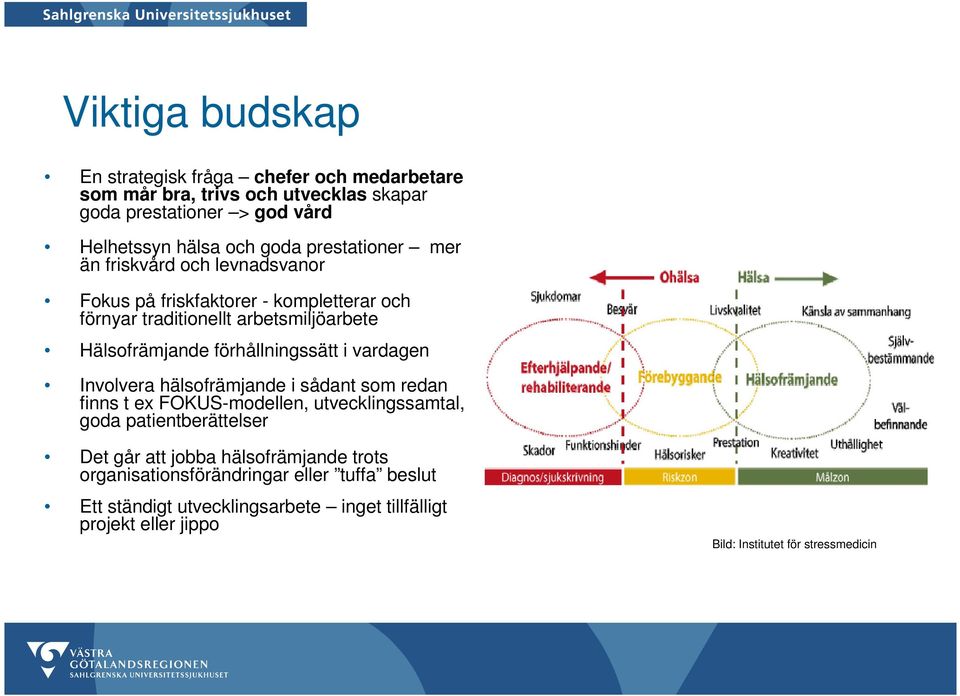 förhållningssätt i vardagen Involvera hälsofrämjande i sådant som redan finns t ex FOKUS-modellen, utvecklingssamtal, goda patientberättelser Det går att