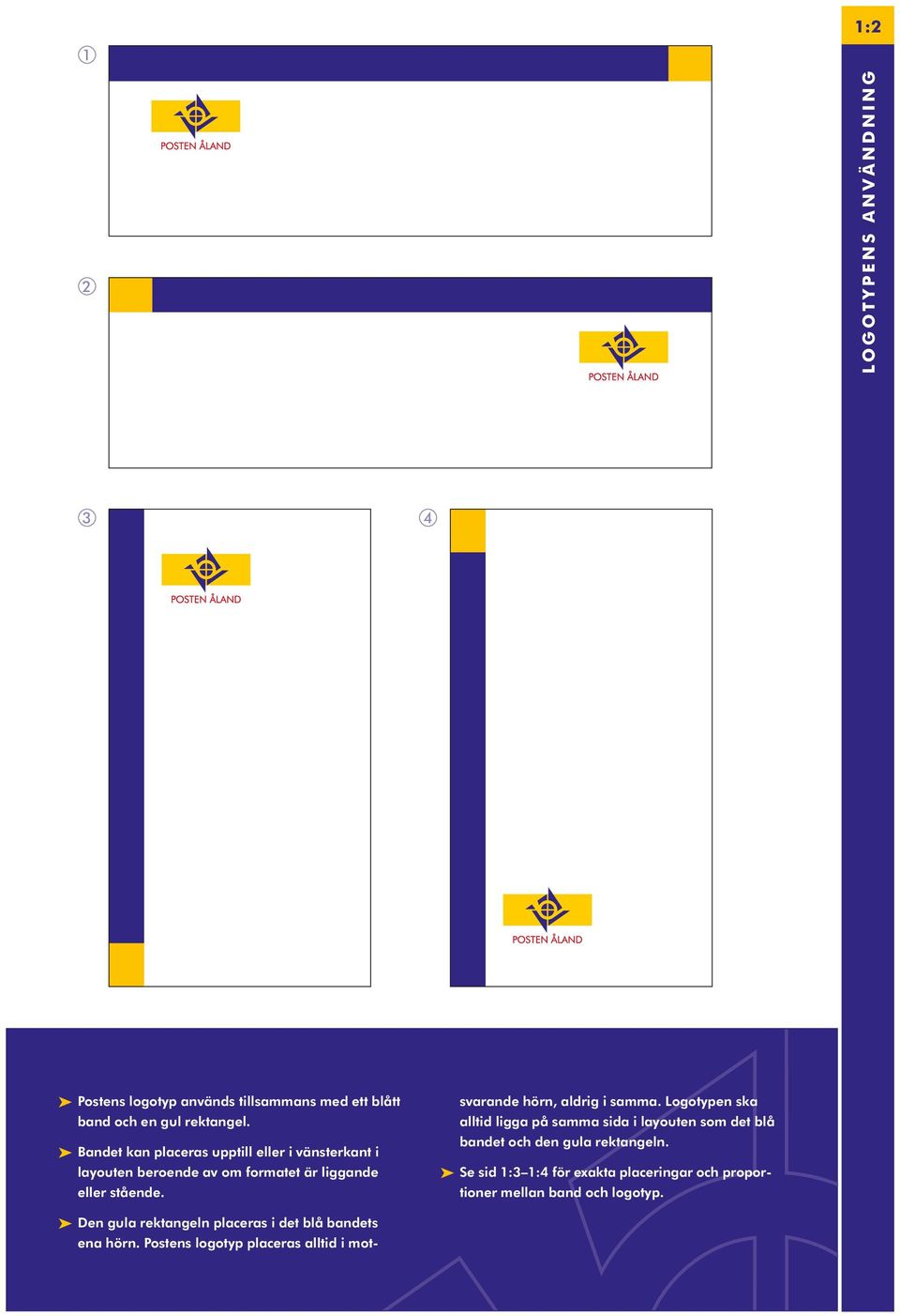 Den gula rektangeln placeras i det blå bandets ena hörn. Postens logotyp placeras alltid i motsvarande hörn, aldrig i samma.