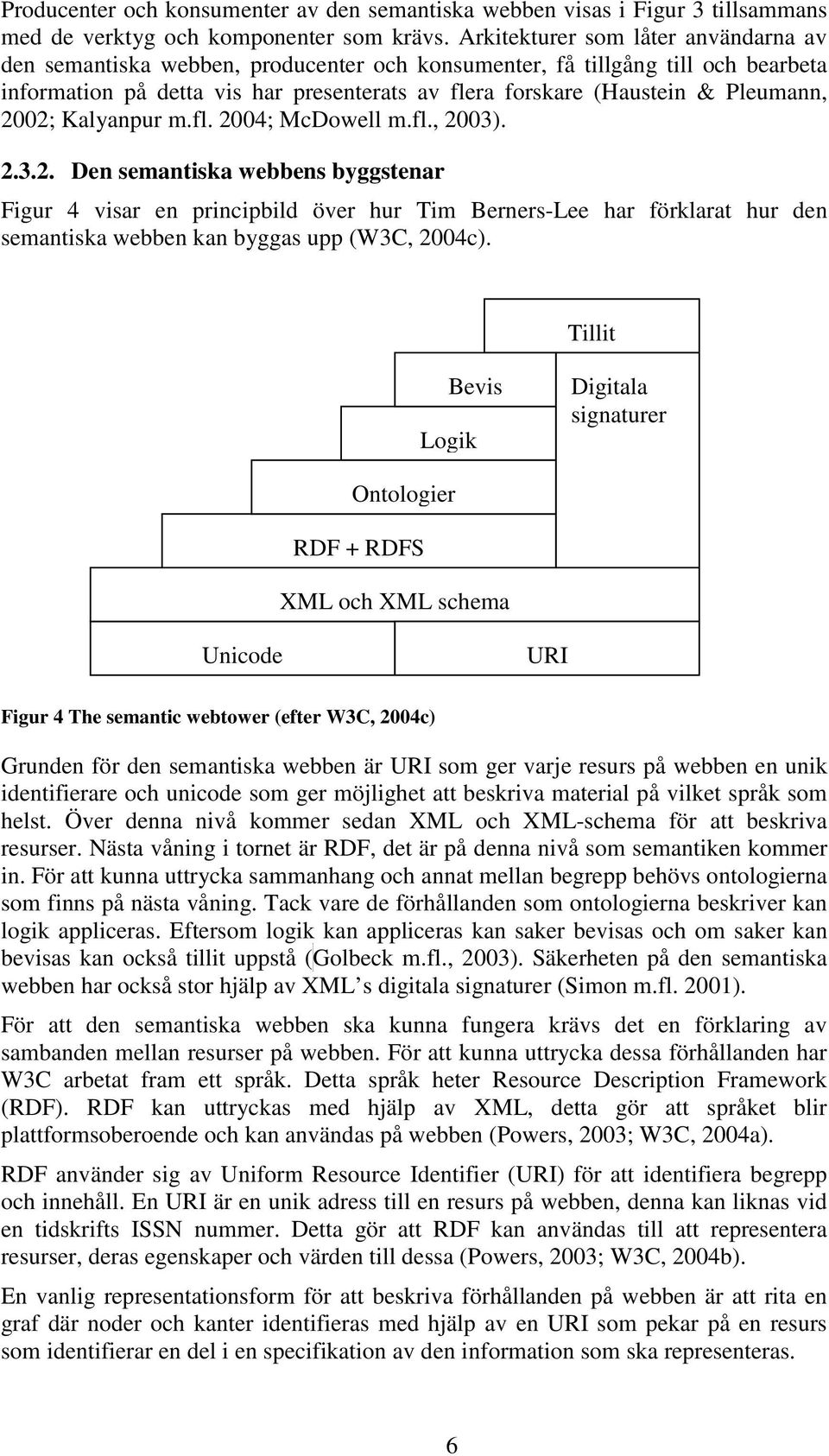 Pleumann, 2002; Kalyanpur m.fl. 2004; McDowell m.fl., 2003). 2.3.2. Den semantiska webbens byggstenar Figur 4 visar en principbild över hur Tim Berners-Lee har förklarat hur den semantiska webben kan byggas upp (W3C, 2004c).