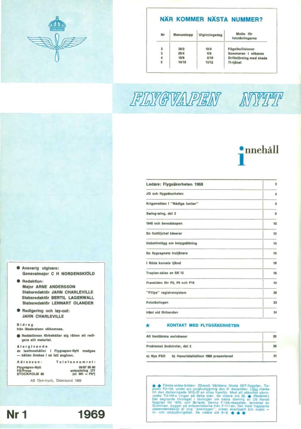 Flygsäkerheten 1968 JO och flygsäkerheten Krigsmakten I " Nådiga luntan" Swing-wing, del 2 1945 och beredskapen En flottiljchef kåserar Debattinlägg om betygsättning En flygvapnets trotjänare 3 4 5 6