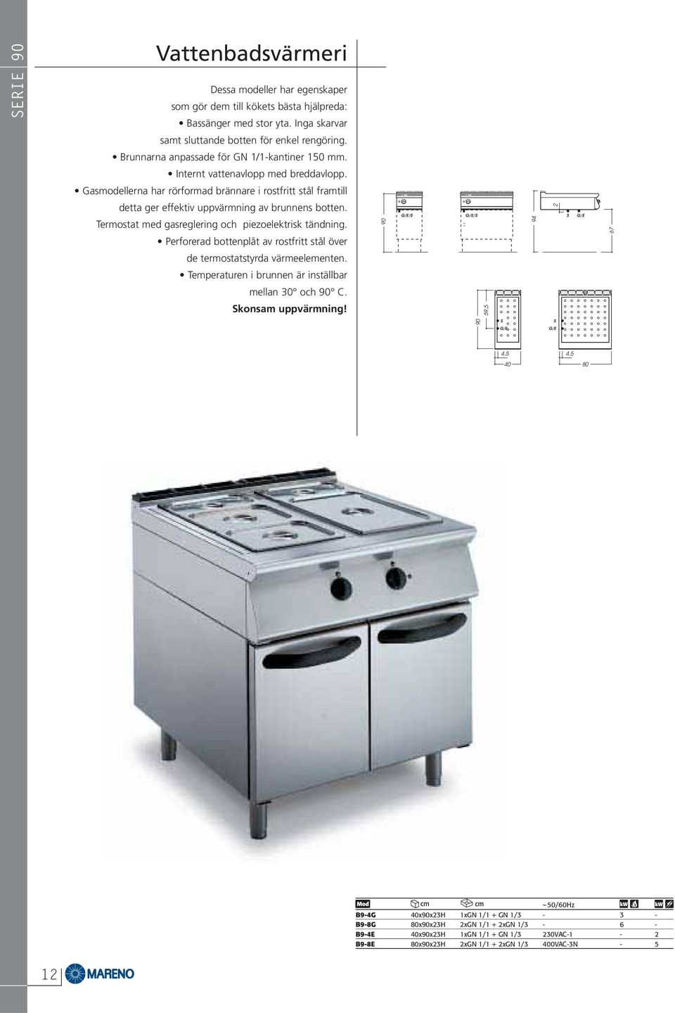 asmodellerna har rörformad brännare i rostfritt stål framtill detta ger effektiv uppvärmning av brunnens botten. Termostat med gasreglering och piezoelektrisk tändning.